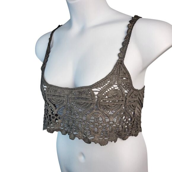 NEW POL S/M Dark Gray All Cotton Knit Cropped Knit Cami Top Crochet Style Sheer - Picture 6 of 13